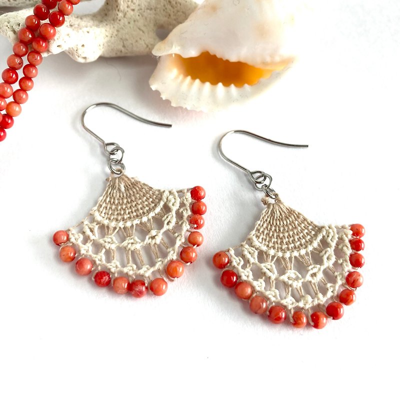 Coral and thread earrings, Paraguayan traditional embroidery - Earrings & Clip-ons - Thread Red