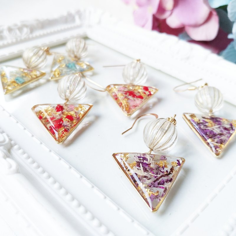Eternal flower series - triangular hanging earrings / ear clip - Earrings & Clip-ons - Other Materials Multicolor