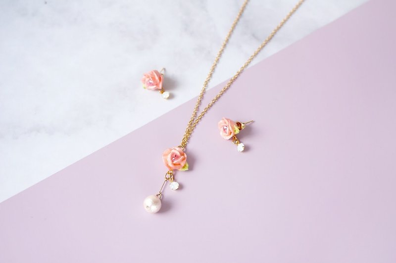 =2019 Valentines Exclusive= Rose Earrings and Necklace Set - ต่างหู - ดินเหนียว สีส้ม