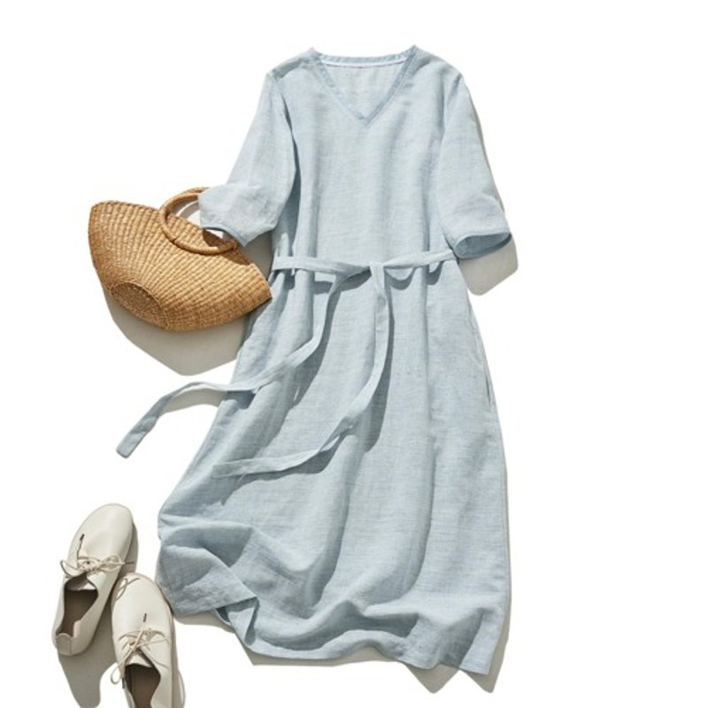 Comfortable and stylish cotton Linen dress with 5/8 sleeves and belt, light blue, 240518-1 - ชุดเดรส - ผ้าฝ้าย/ผ้าลินิน 