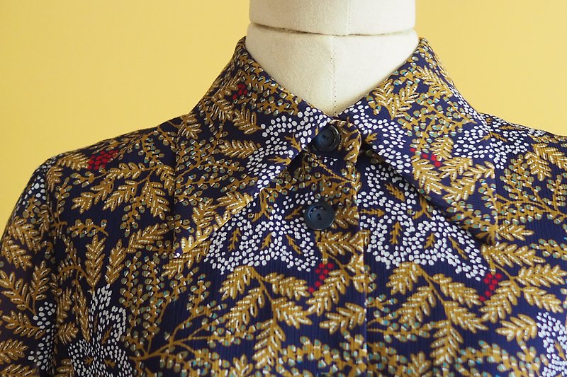 Vintage dress | Size XL | Native style leaf pattern - ชุดเดรส - เส้นใยสังเคราะห์ สีเหลือง