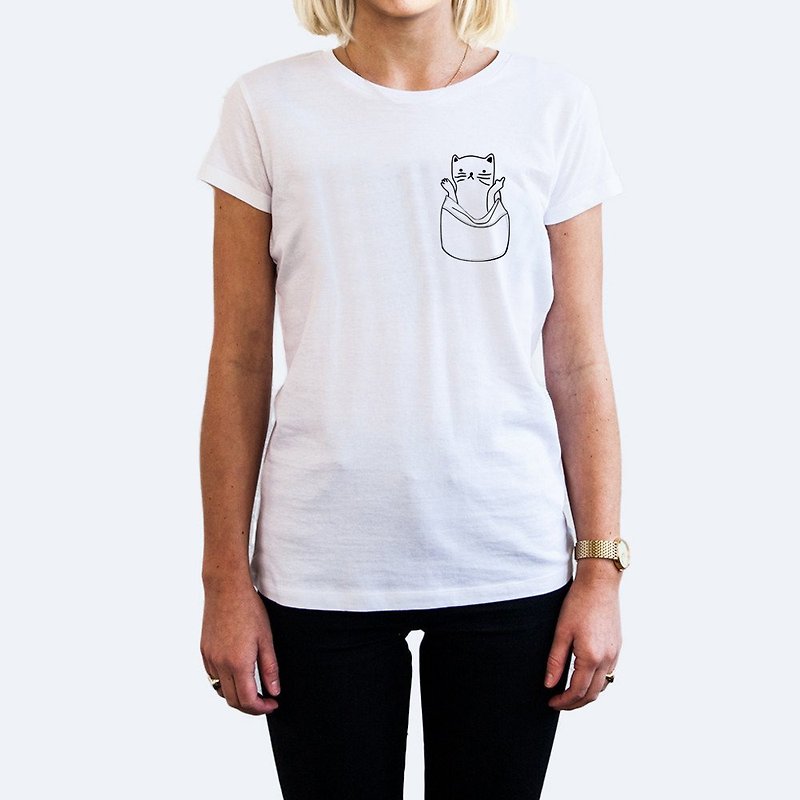 Who Cares Cat #3 unisex white t shirt - เสื้อยืดผู้หญิง - ผ้าฝ้าย/ผ้าลินิน ขาว