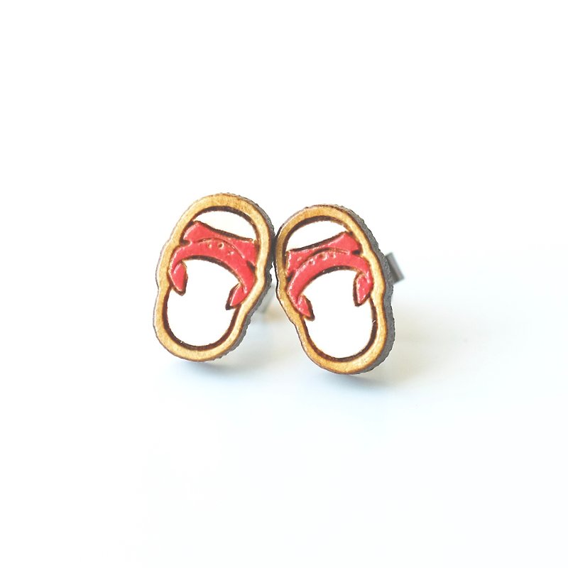 彩繪木耳環-復古紅白拖 - 耳環/耳夾 - 木頭 紅色