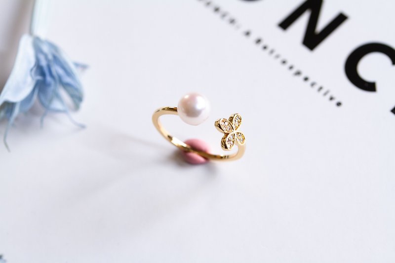 Akoya pearl bijou flower folk ring baroque pearl open ring - แหวนทั่วไป - ไข่มุก สีทอง