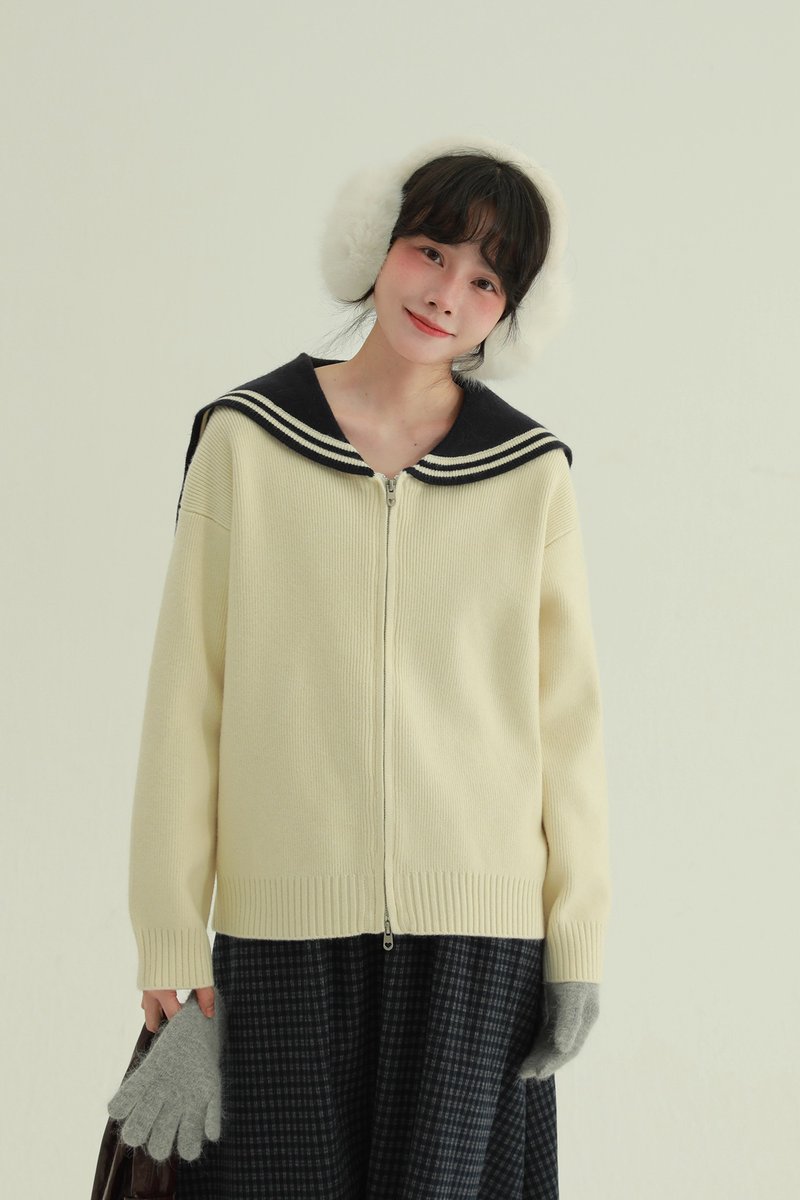 3顏色 航海日記 海軍領毛衣 文藝復古休閒百搭秋冬針織外套 - 女毛衣/針織衫 - 其他人造纖維 白色