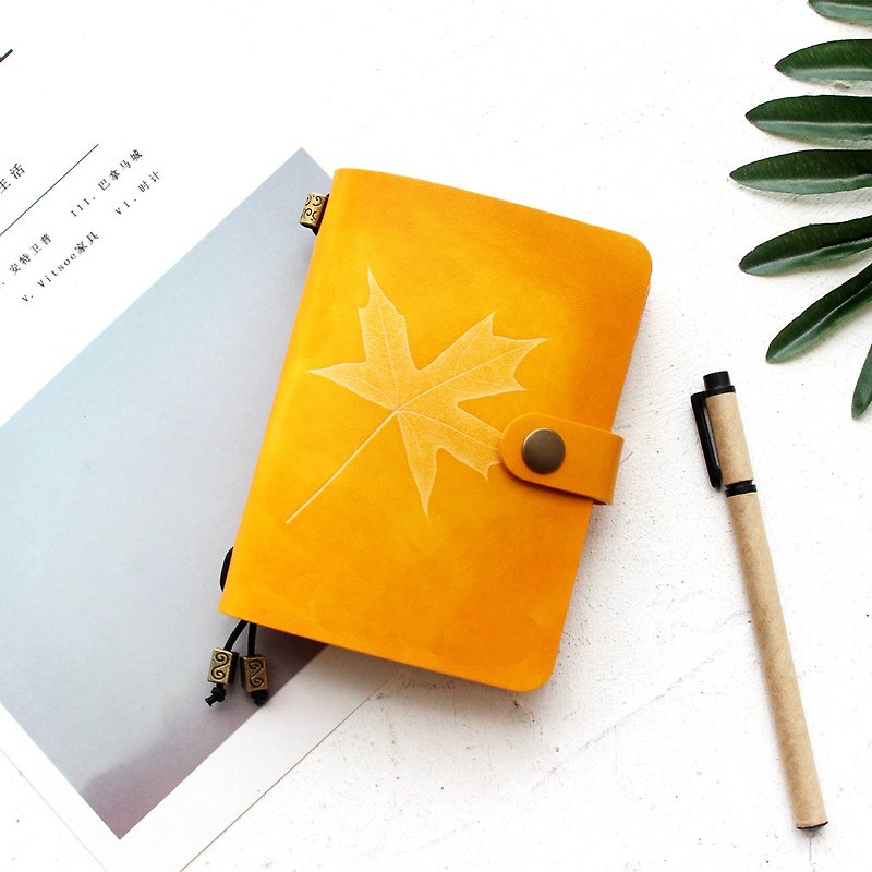 Vegetable tanned cow leather yellow tea maple leaf notebook hand book leather notepad notebook this book - Notebooks & Journals - Genuine Leather Yellow