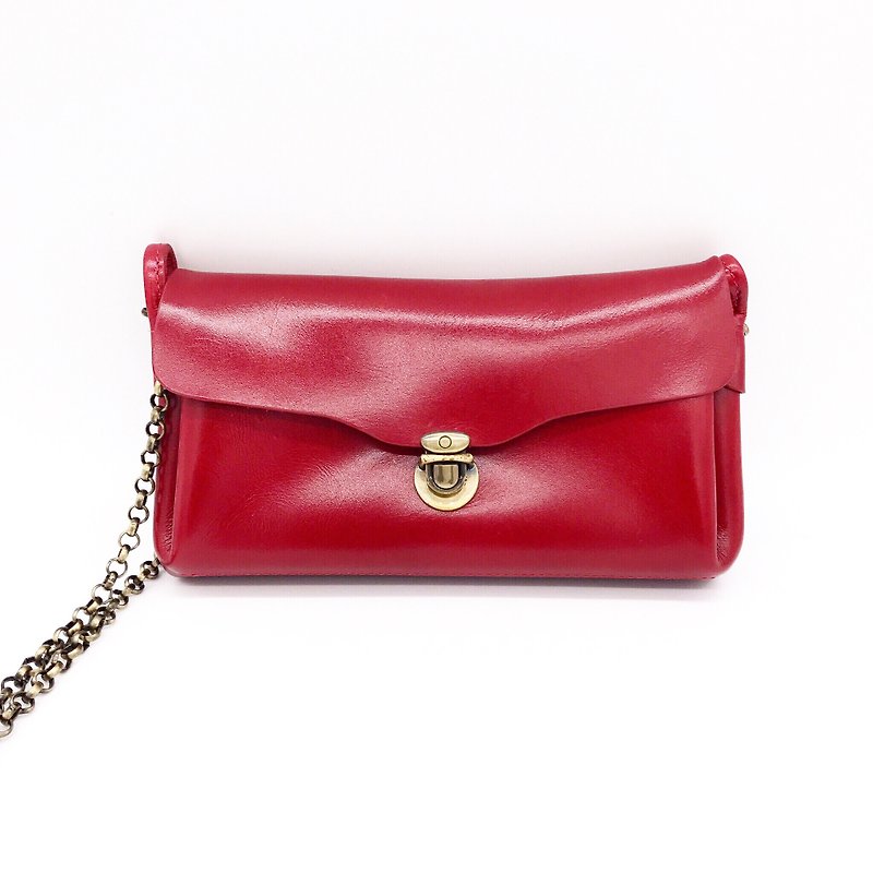 Bright red leather chain bag - Clutch Bags - Genuine Leather Red