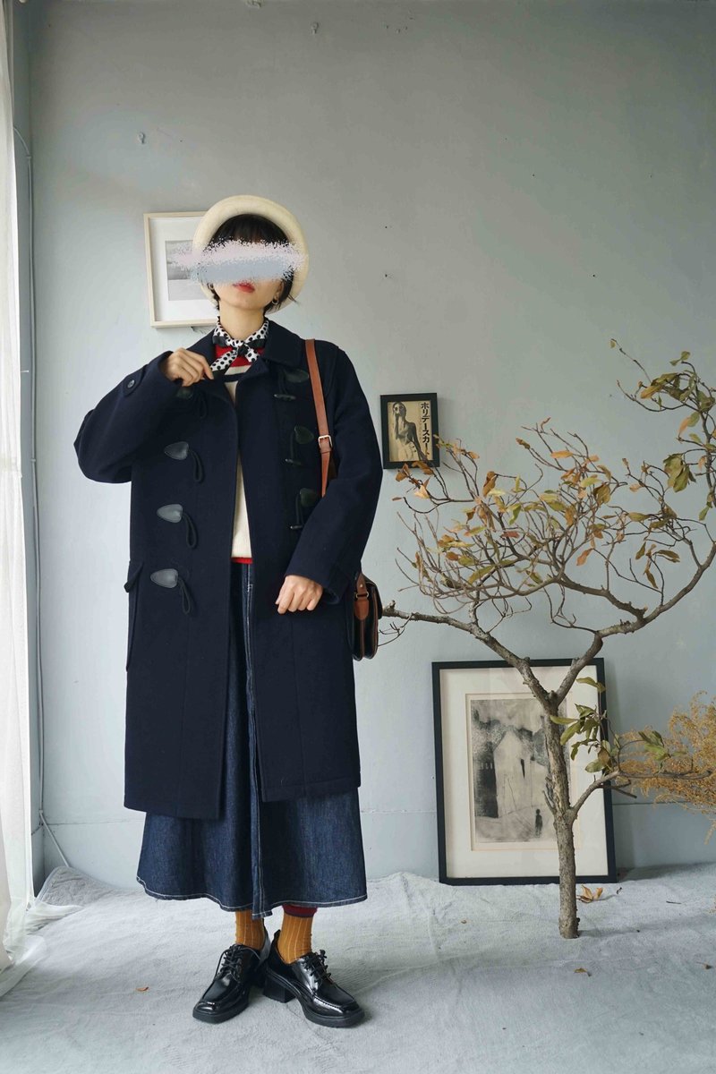 尋寶古著-學院風深藍色毛呢牛角釦長大衣 - 女大衣/外套 - 羊毛 藍色