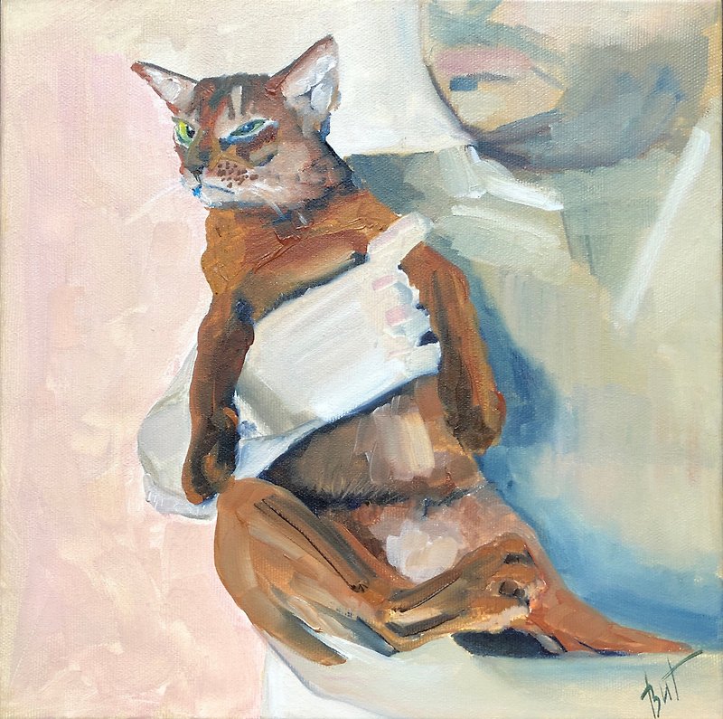 其他材質 海報/掛畫/掛布 粉紅色 - Cat Painting Animal Original Art Pet Oil Artwork Abyssinian Cat Wall Art