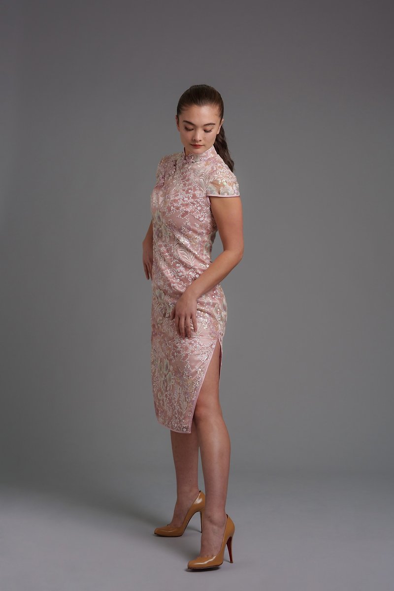 新星空短袖蕾絲旗袍 |禮服|婚禮嘉賓衣著|香港設計|奶奶裙|氣質 - 旗袍/改良式旗袍 - 聚酯纖維 粉紅色