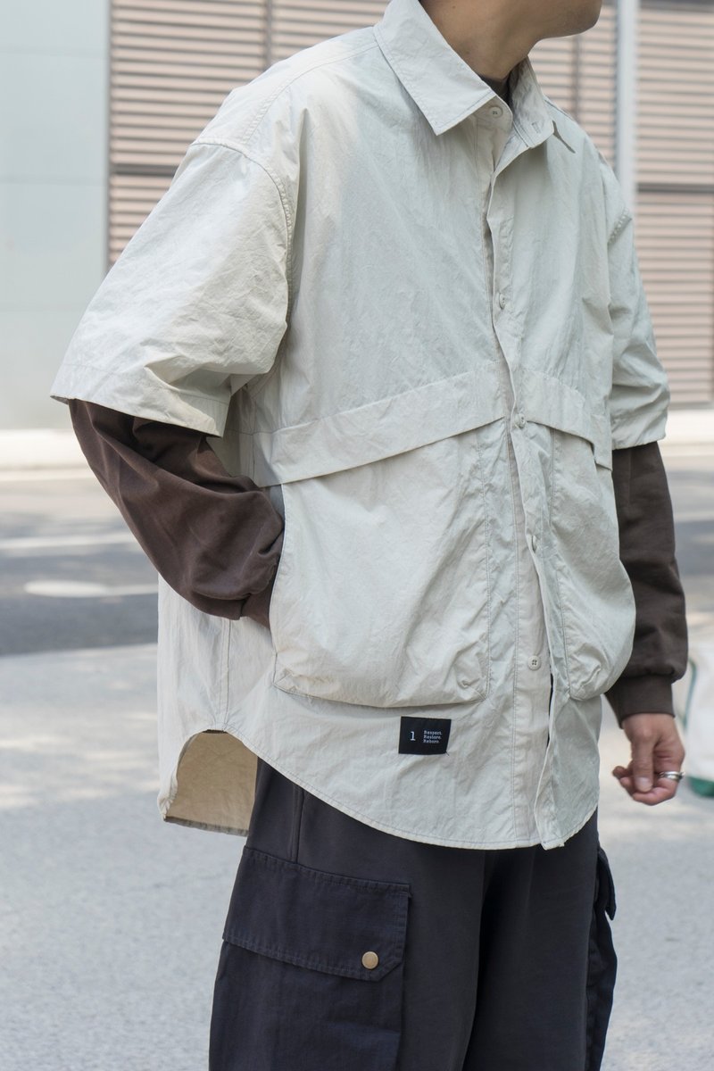 夏季戶外機能風工裝短袖襯衫 寬松款休閒翻領日系 - 男襯衫/休閒襯衫 - 其他人造纖維 