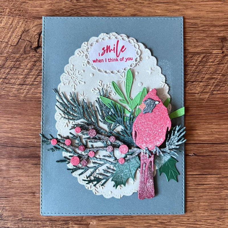 I smile when I think of you 紅鳥 枝葉 冬天卡 聖誕卡 多用途 - 卡片/明信片 - 紙 灰色