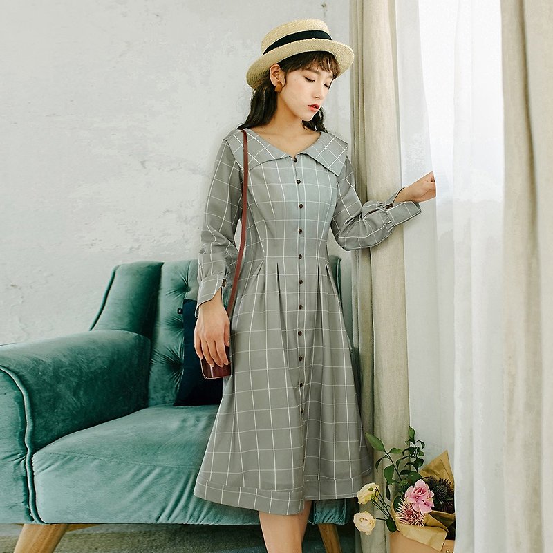 [Full court specials] Early spring ladies wear doll collar plaid waist dress dress YHQ8927 - One Piece Dresses - Polyester Green