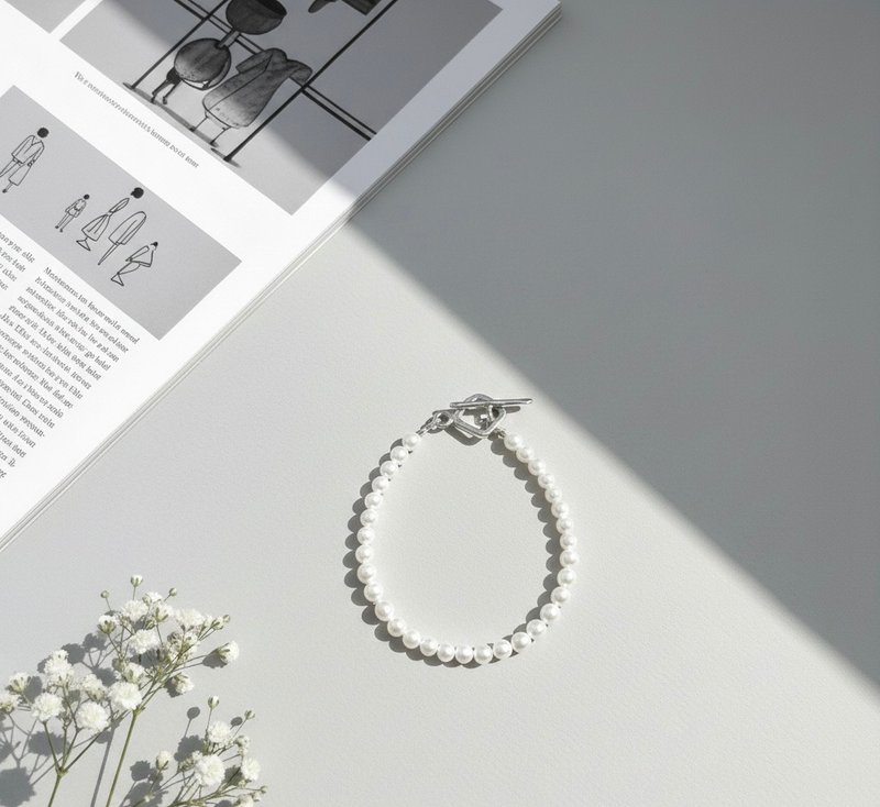 Ops Pearl silver bracelet- 珍珠/純銀/限定/圓/皮光美/手鍊 - 手鍊/手環 - 寶石 白色