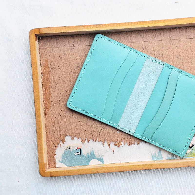 Half-fold 6-card slot card holder—lake green Giada good sewing leather DIY material bag card holder - Wallets - Genuine Leather Green