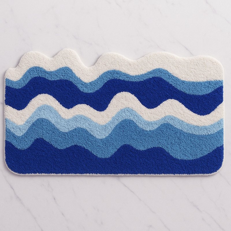 異形藍色海浪簇絨浴室地墊可愛腳墊吸水防滑浴墊居家裝飾50x85cm - 地墊/地毯 - 聚酯纖維 多色