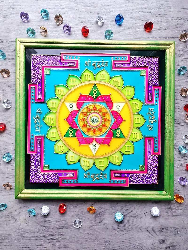 Mercury yantra Buddha Vedic astrology glass art home decor Meditation Yoga gift - Wall Décor - Glass Green