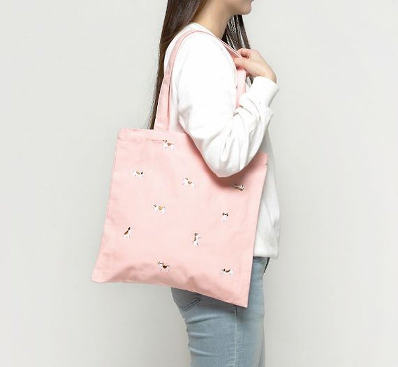 LINE CHARACTER single shoulder portable embroidery canvas bag - กระเป๋าแมสเซนเจอร์ - ผ้าฝ้าย/ผ้าลินิน สึชมพู