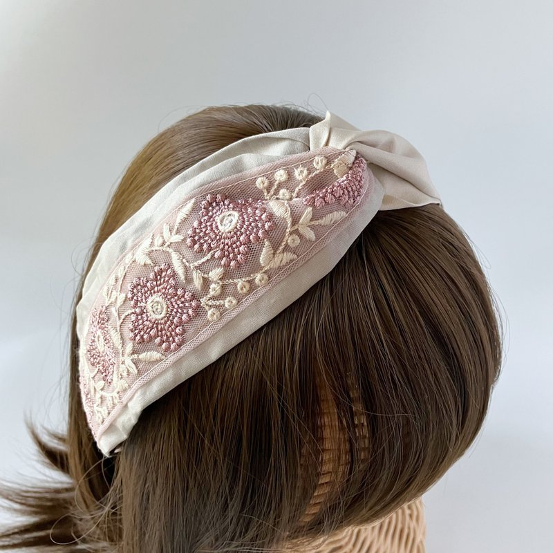 Japanese embroidered ribbon pink purple rice white flower lotus purple milk tea Japanese cloth cross headband soft - เครื่องประดับผม - ผ้าฝ้าย/ผ้าลินิน สีม่วง