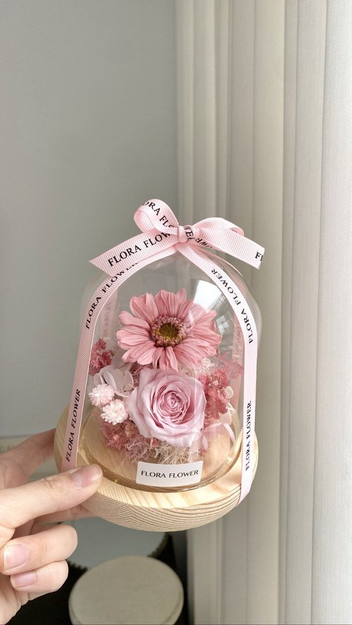 Flora Flower Flora Flower永生花迷你玻璃罩夜燈-夏日玫瑰粉