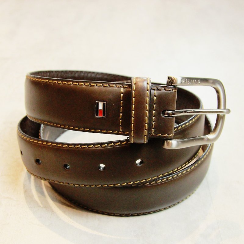 Tsubasa.Y ancient house mats gray brown TOMMY HILFIGER metal buckle ancient leather belt 001, leather belt - ถุงมือ - หนังแท้ 