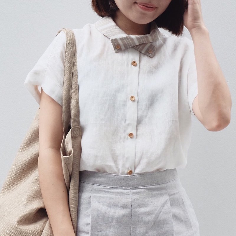 X-Cross Collar Shirt : White Linen - 女上衣/長袖上衣 - 棉．麻 白色