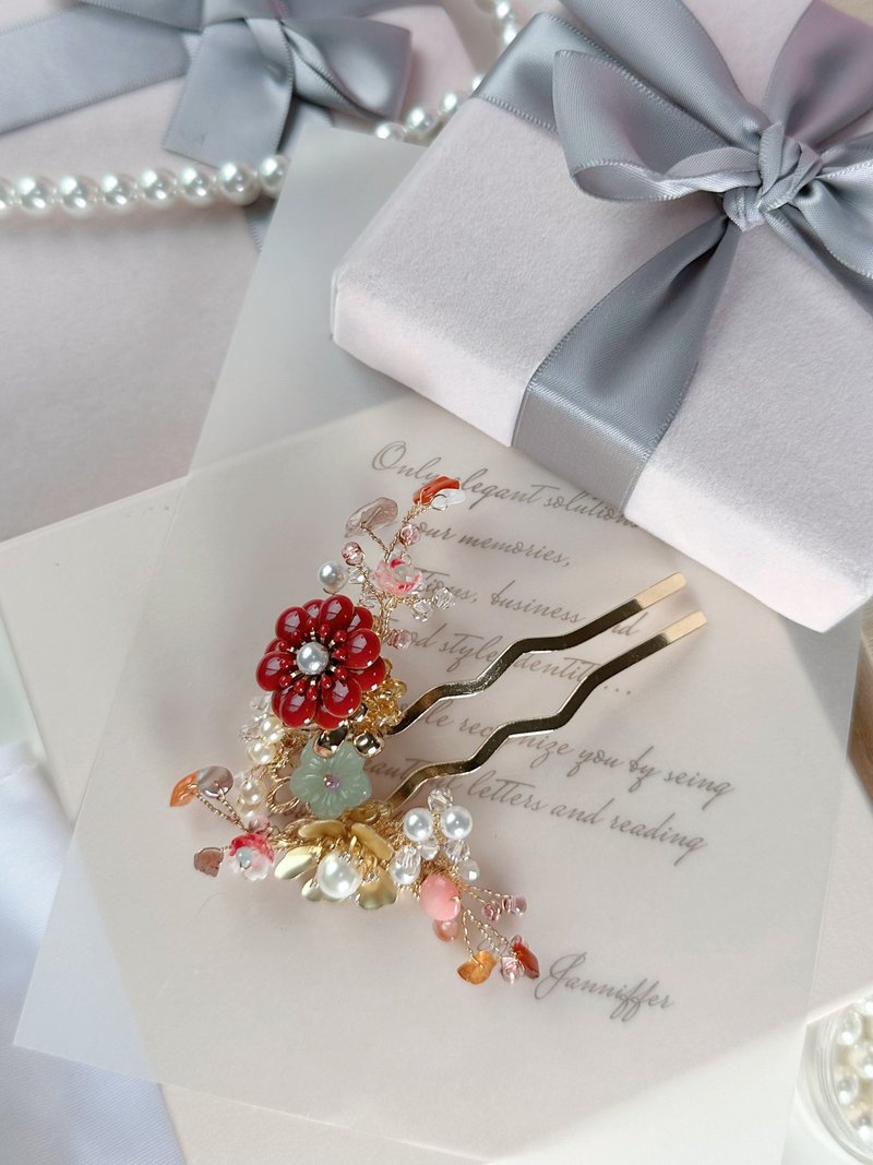 華麗新娘中式頭飾/ 裙褂旗袍髮飾 / 結婚頭飾/ 裙褂頭飾 - 髮圈/髮夾 - 其他金屬 紅色