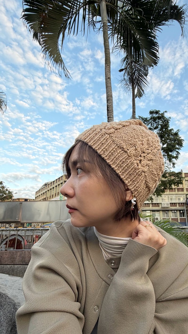 棕色包頭麻花編織毛帽 - 帽子 - 羊毛 卡其色
