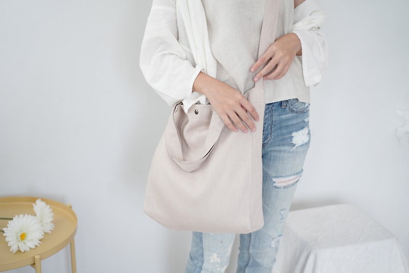 Casual 2 Ways Linen Tote Bag (Beige) - Messenger Bags & Sling Bags - Linen Khaki
