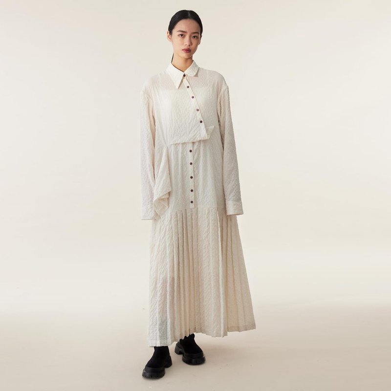 tan tan / Draped Ivory Cream Slanted Placket Dress - One Piece Dresses - Polyester White