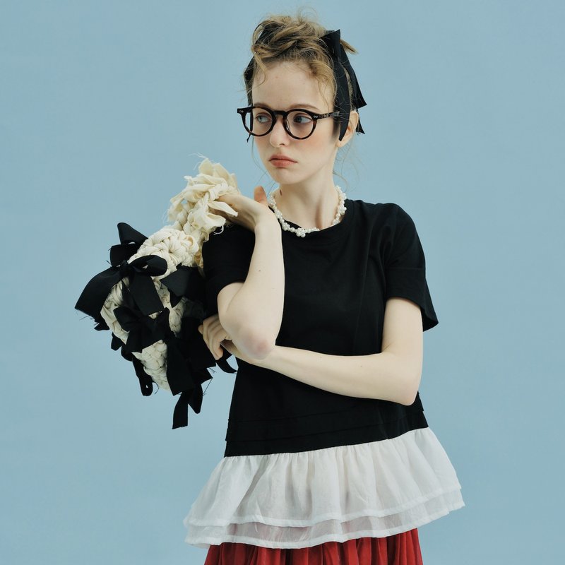 黑色拼接紗T恤 / 上衣 T-shirt - 女 T 恤 - 棉．麻 黑色