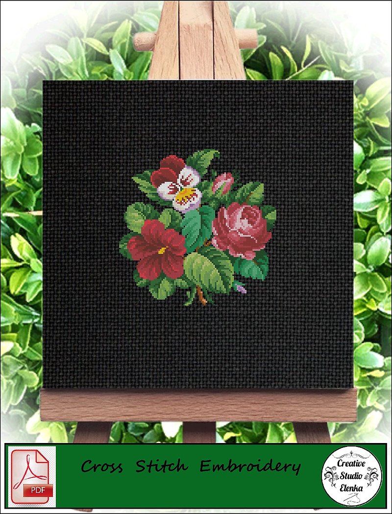 Vintage Cross Stitch Scheme Three flowers  - PDF Embroidery Scheme - Knitting, Embroidery, Felted Wool & Sewing - Other Materials 