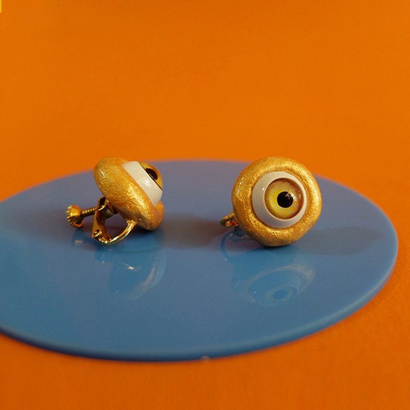 Clay Earrings & Clip-ons Gold - Daily eye studs, imported clay ear clips, no pierced ears, funny organs running around