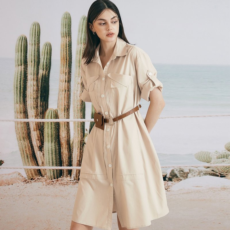 OUWEY Ouwei temperament breasted shape small waist bag shirt dress (Khaki) 3222327014 - One Piece Dresses - Polyester 