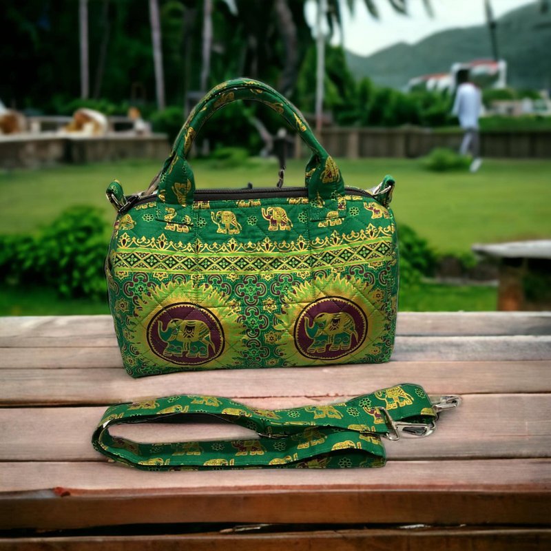 Handbag, shoulder bag, Boston style, Thai fabric, elephant pattern, green, - 側背包/斜背包 - 棉．麻 綠色