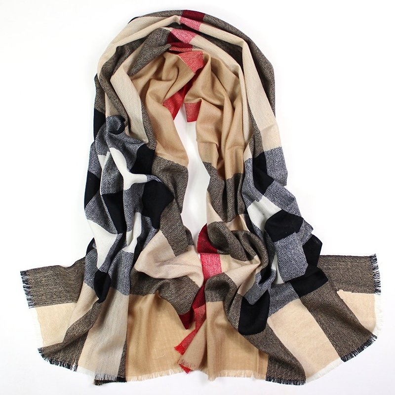 [Spot] pure wool herringbone scarf shawl dyed grid - Scarves - Wool Brown