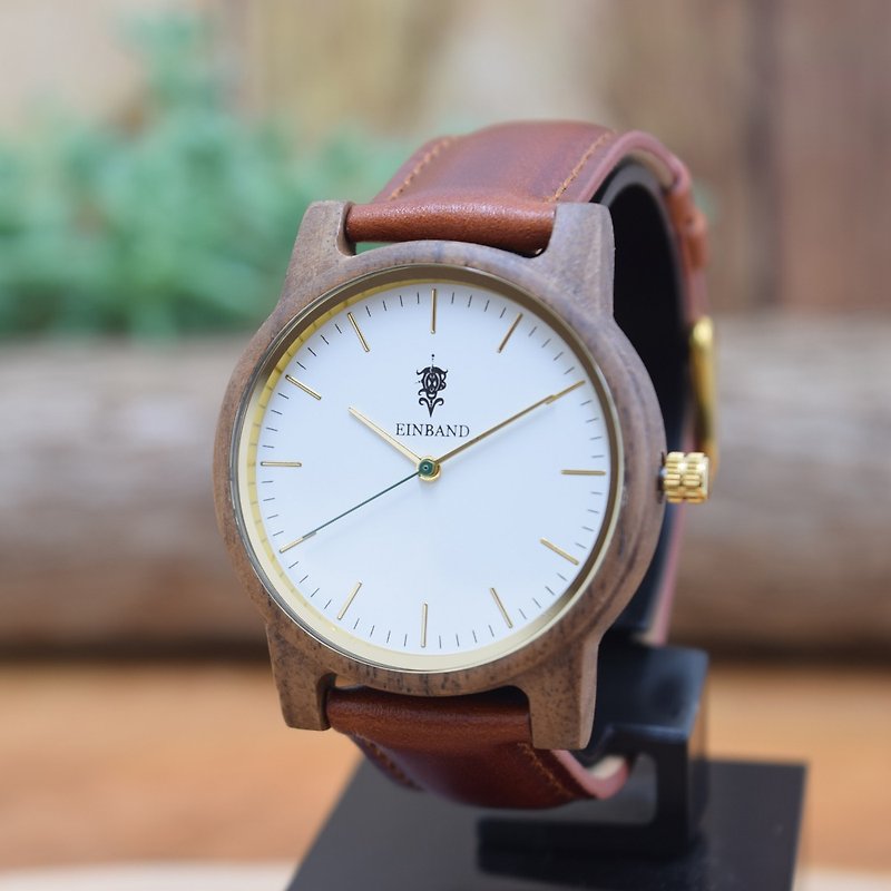 EINBAND Glanz WHITE 36mm Wooden Watch Brown Leather Belt - นาฬิกาผู้ชาย - ไม้ สีนำ้ตาล