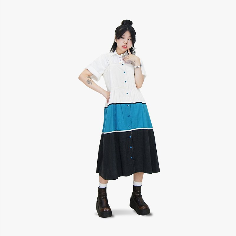 A‧PRANK: DOLLY :: vintage VINTAGE blue and white black and white vest skirt dress (D709010) - One Piece Dresses - Cotton & Hemp 