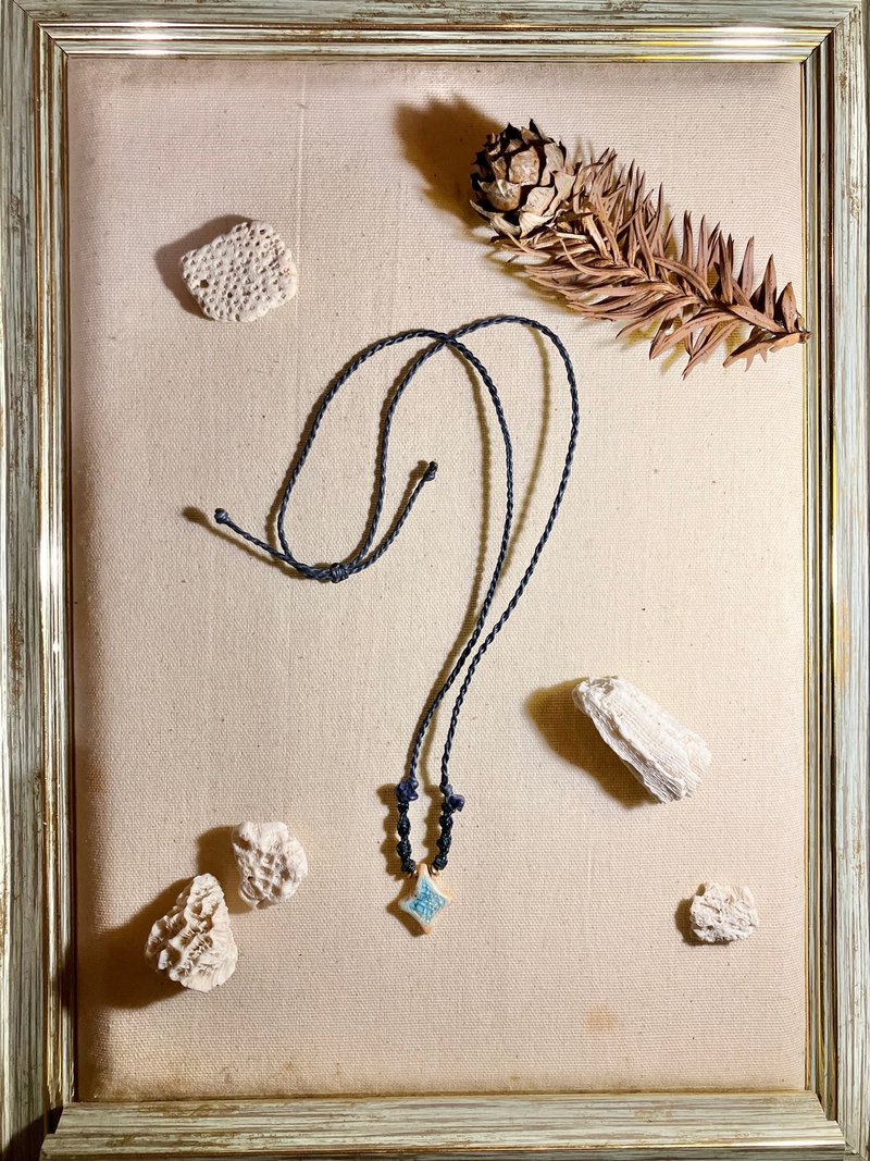 Aquamarine Star Braided Pottery Necklace - Combined with Sea Glass - Necklaces - Pottery Blue