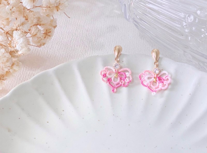 Heartstring Heart Lace Sweet Pink 925 Silver Earrings - ต่างหู - ผ้าฝ้าย/ผ้าลินิน สึชมพู