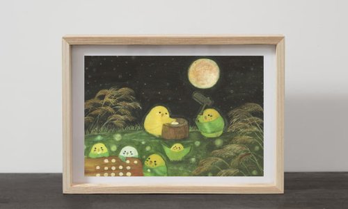 A4 お月見餅つきインコたち 月 満月 夜 すすき 秋 自然 風景画