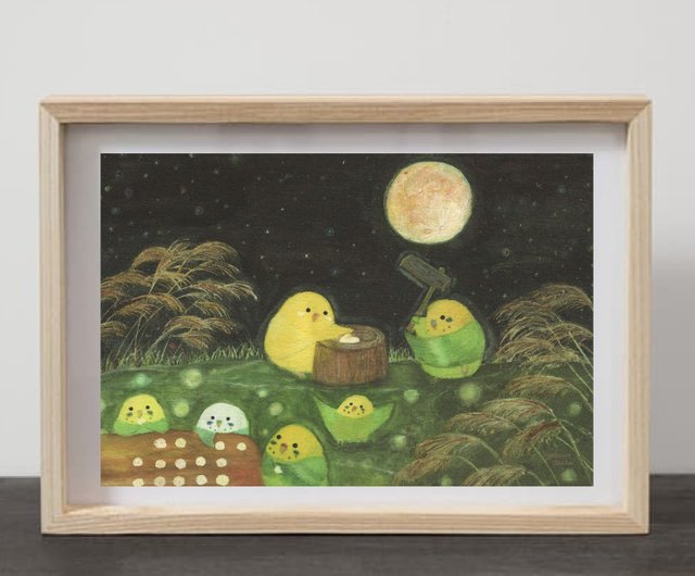 A4 お月見餅つきインコたち 月 満月 夜 すすき 秋 自然 風景画
