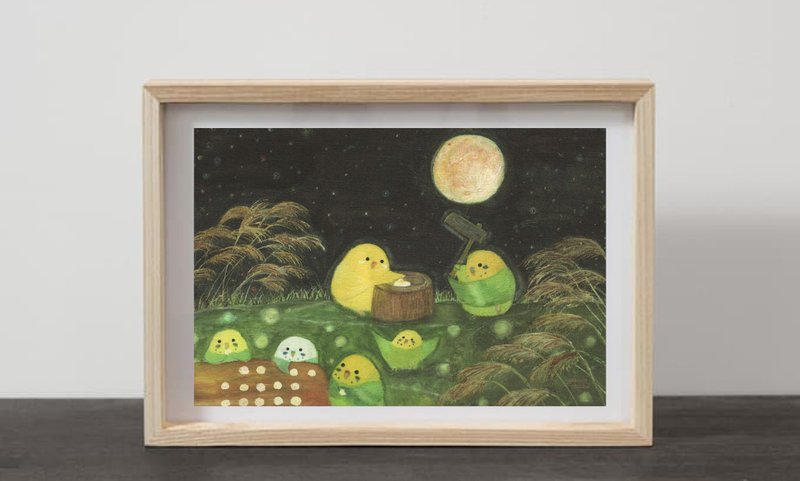 A4 お月見餅つきインコたち 月 満月 夜 すすき 秋 自然 風景画  セキセイインコ スズメ 小鳥 鳥 野鳥 - 海報/掛畫/掛布 - 紙 黑色