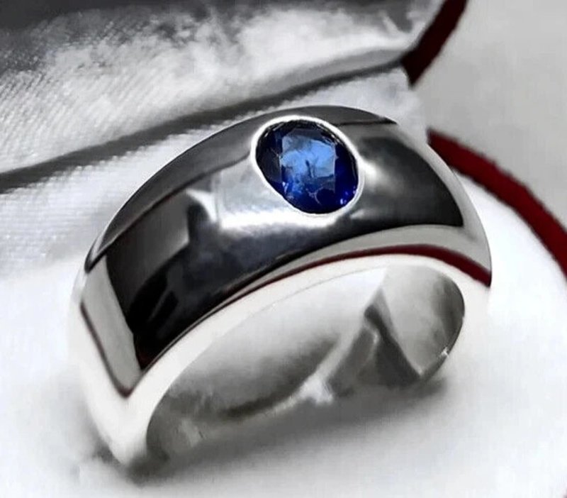 1.6 Carat Royal Blue Ceylon Sapphire Mens Ring Sterling Silver 925 Handmade - 戒指 - 寶石 藍色