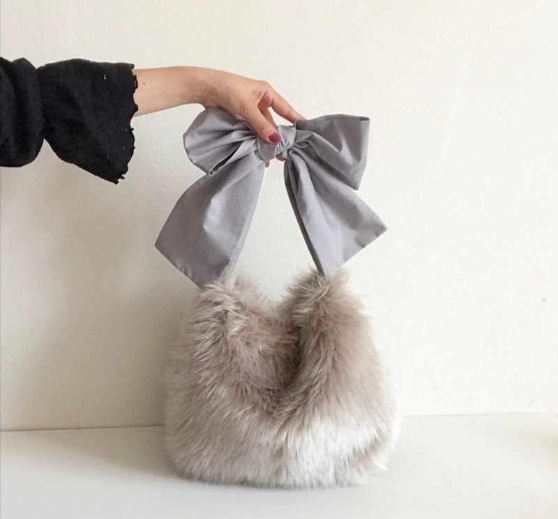 3way Faux Fur Ribbon Bag Light Grey - Handbags & Totes - Other Man-Made Fibers Gray