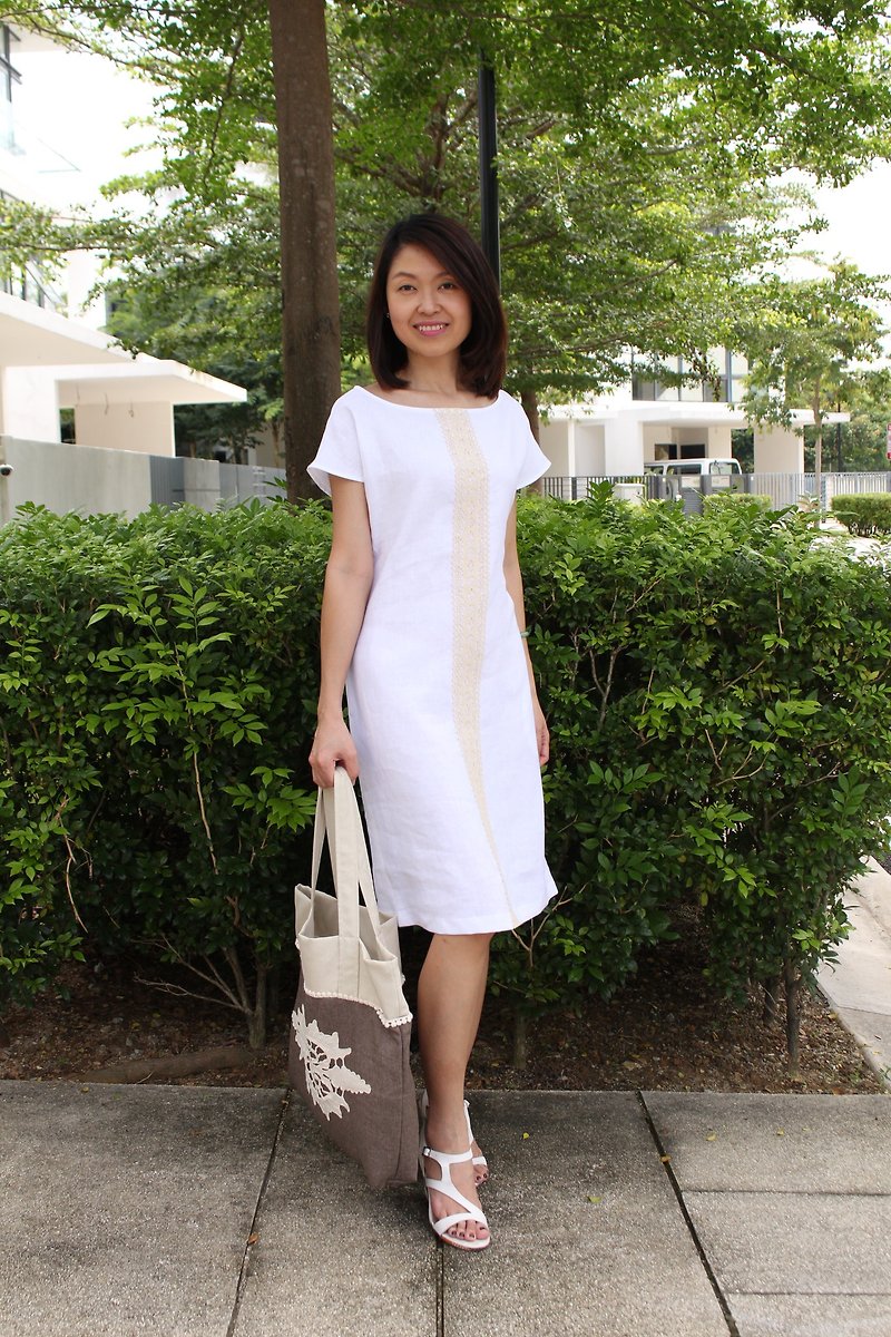 Linen Dress / Boat Neck Linen Dress / Laced Detail / Short Sleeved / EP-D644 - 連身裙 - 亞麻 