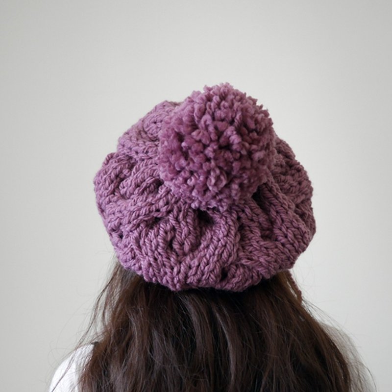 粗針麻花可拆毛球針織毛線貝蕾帽-蘭花紫 - 帽子 - 羊毛 紫色