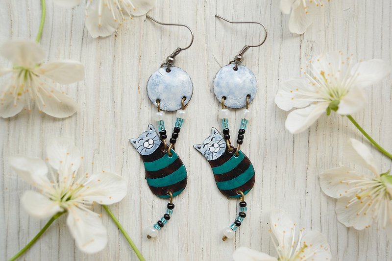 Turquoise Cat Earrings, Cat and Moon, Black Cat Jewelry, Cat Jewelry, Cat Shaped - Earrings & Clip-ons - Enamel Black