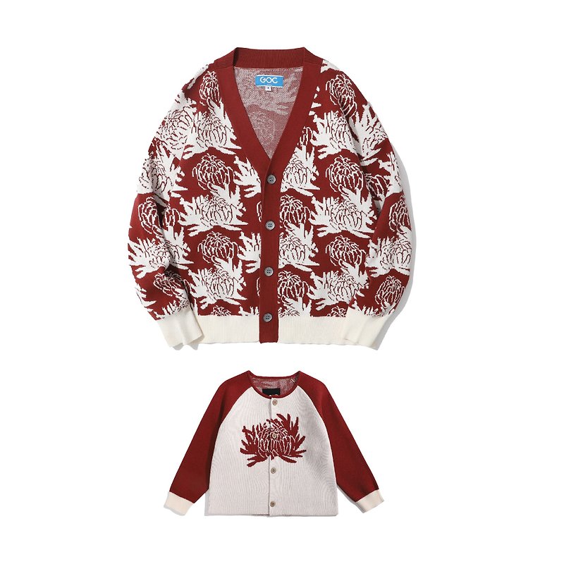 【春節限定優惠】GOC 親子兩件套裝 櫻桃色白色菊花針織外套 - 毛衣/針織衫 - 棉．麻 
