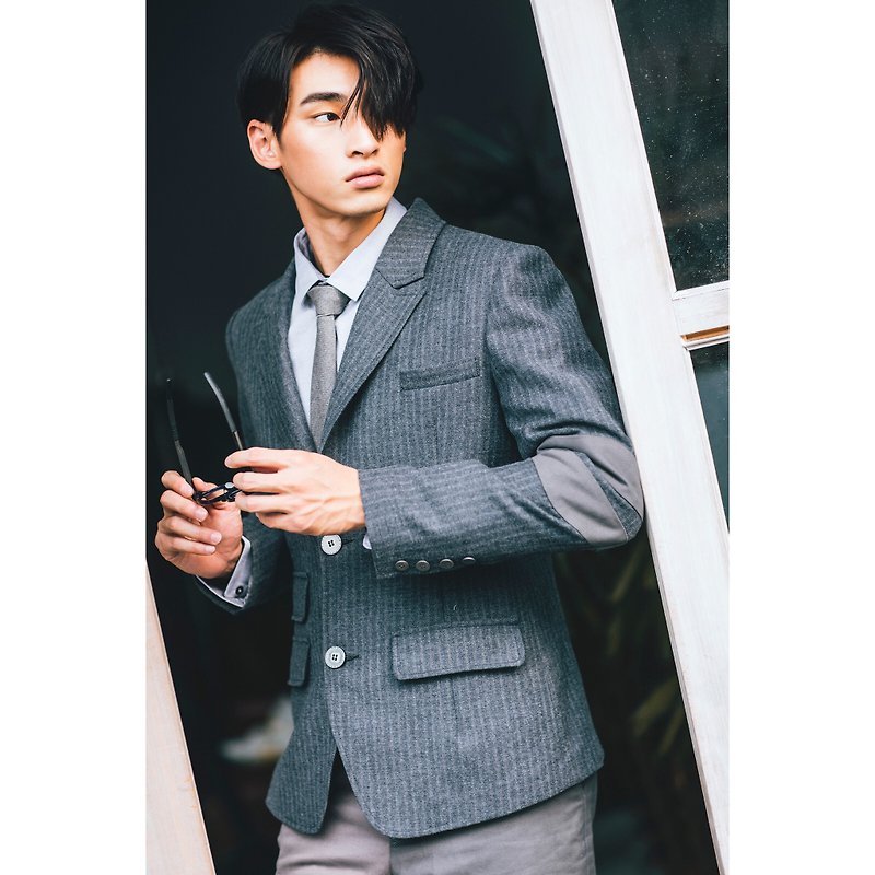 BACKBEAT Light Wool Striped Suit Blazer Elbow Grey - Men's Coats & Jackets - Wool Gray